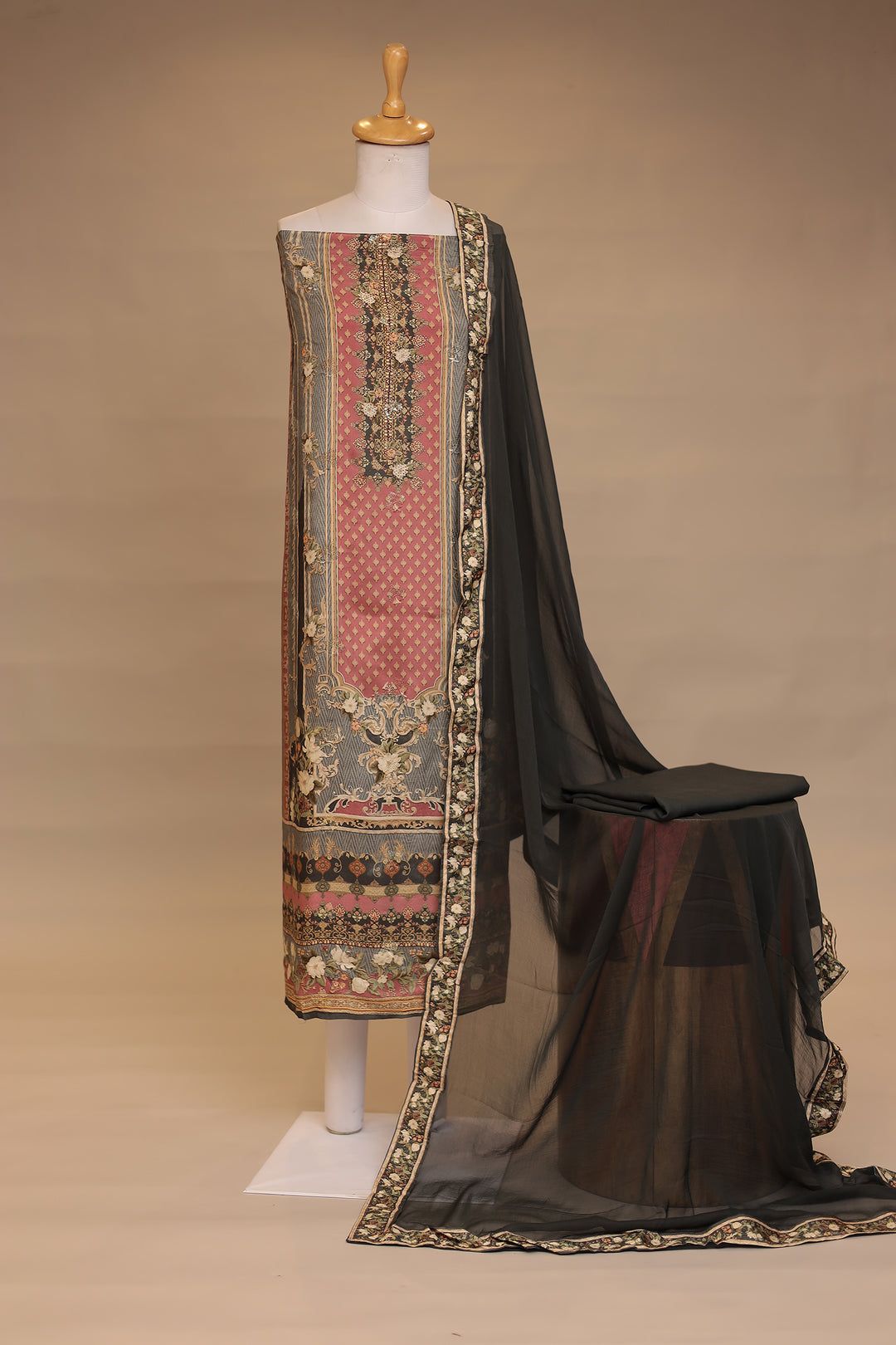 Digital Print, Silk Unstitched Suit with Stone work