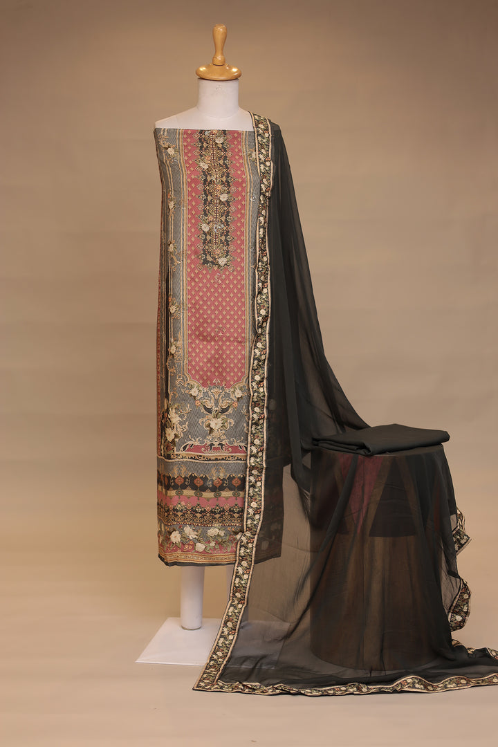 Digital Print, Silk Unstitched Suit with Stone work