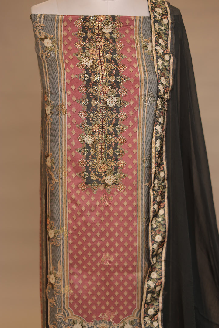 Digital Print, Silk Unstitched Suit with Stone work