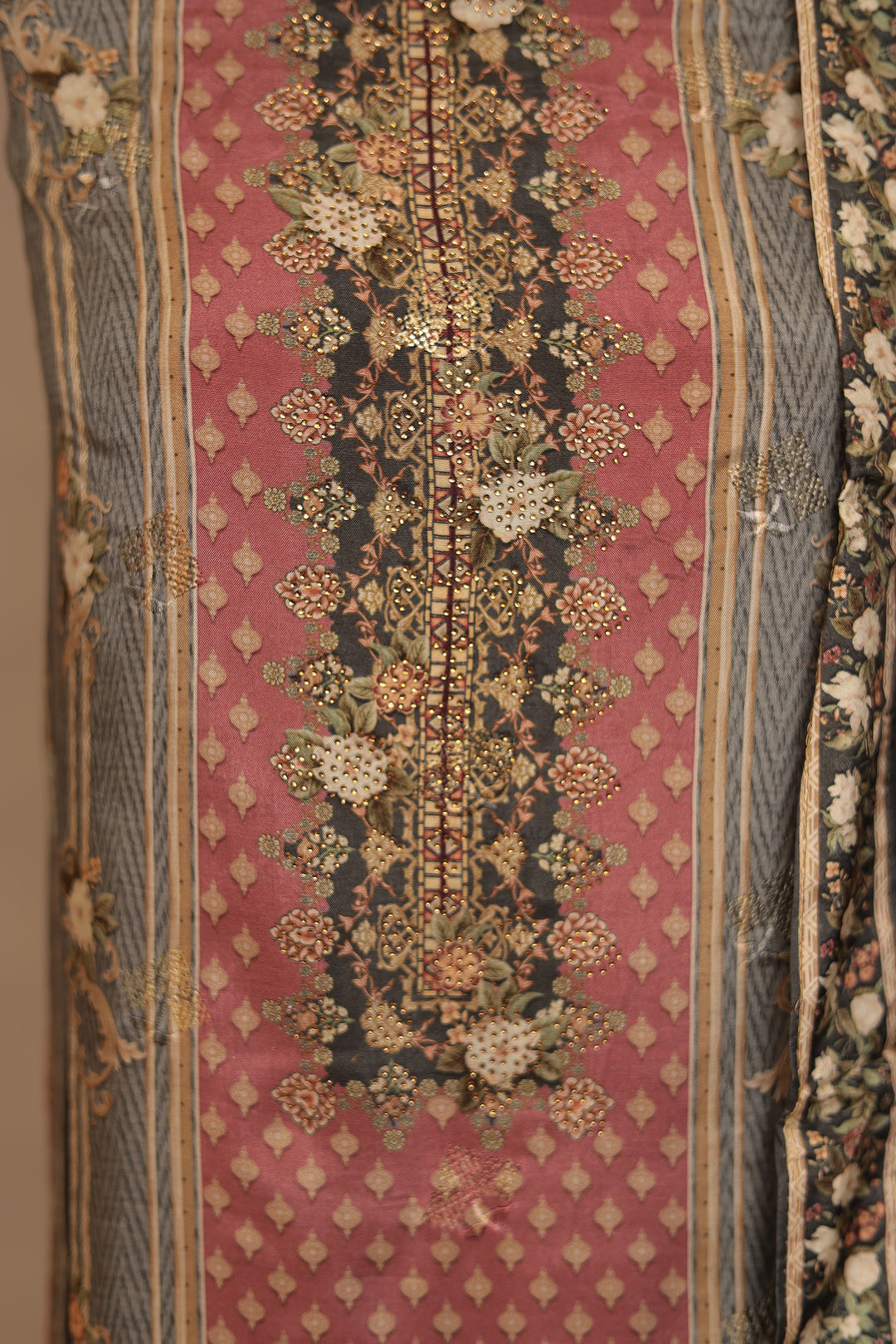 Digital Print, Silk Unstitched Suit with Stone work