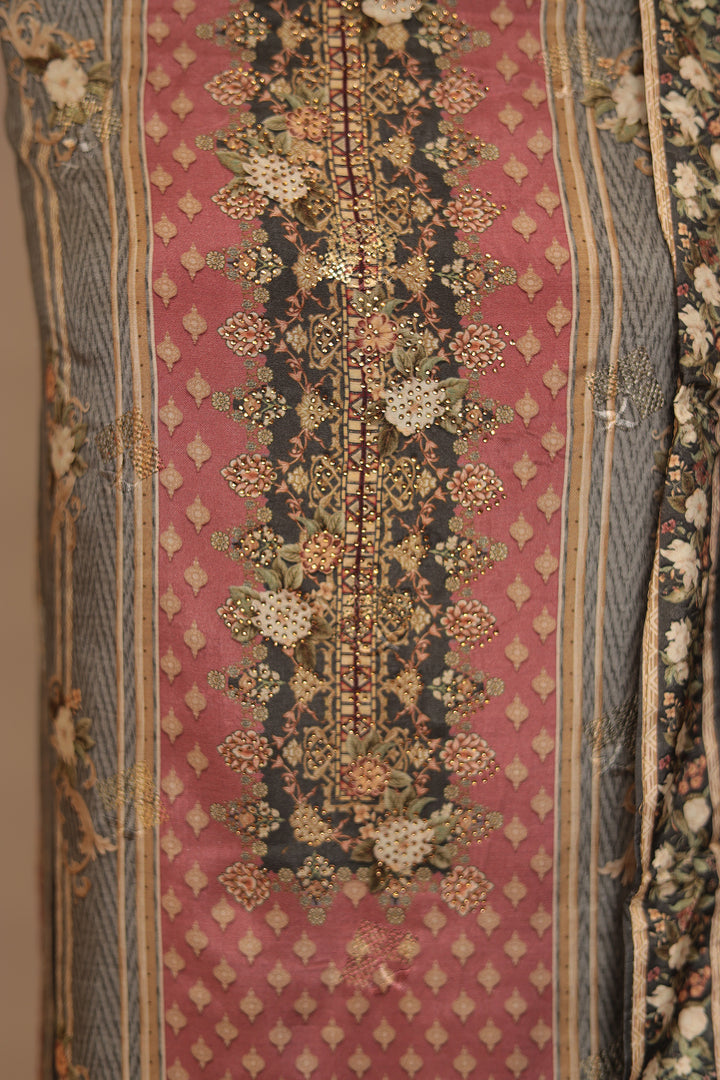 Digital Print, Silk Unstitched Suit with Stone work