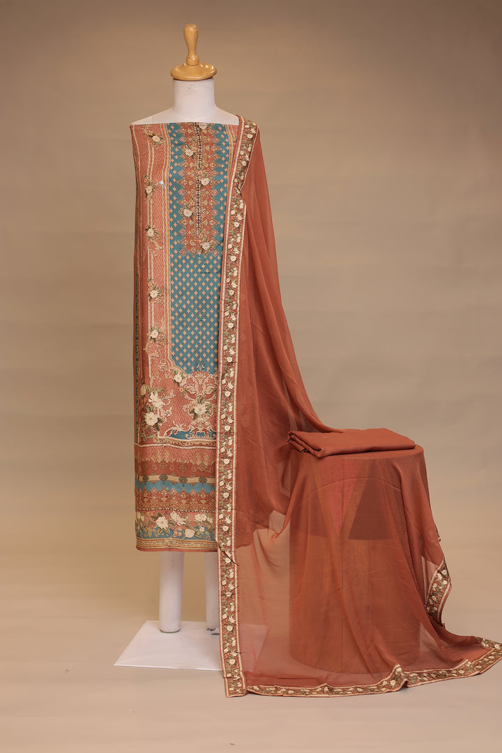 Digital Print, Silk blend Unstitched Suit with Sequins, Stone work