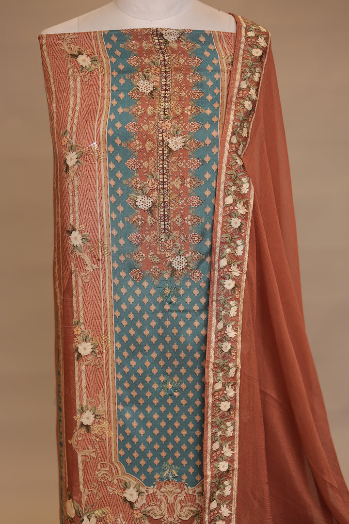 Digital Print, Silk blend Unstitched Suit with Sequins, Stone work