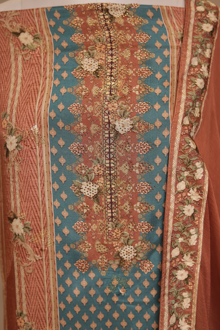 Digital Print, Silk blend Unstitched Suit with Sequins, Stone work