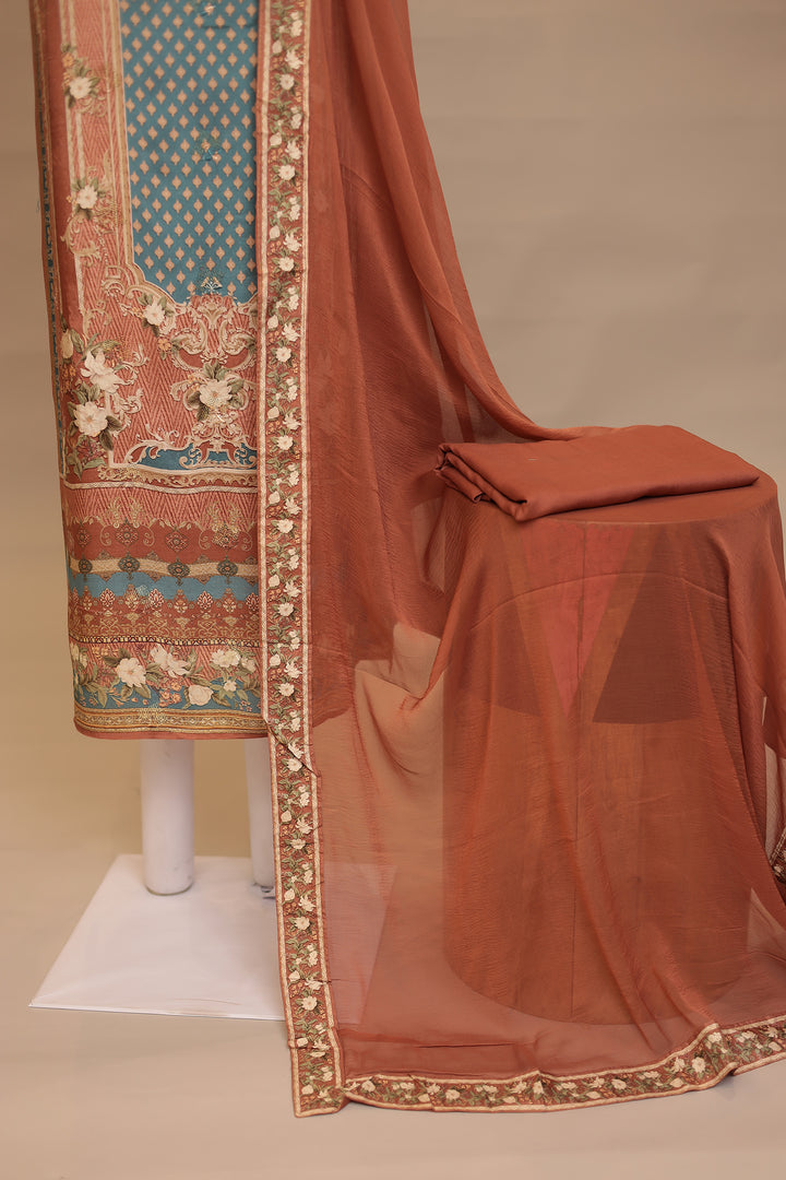 Digital Print, Silk blend Unstitched Suit with Sequins, Stone work
