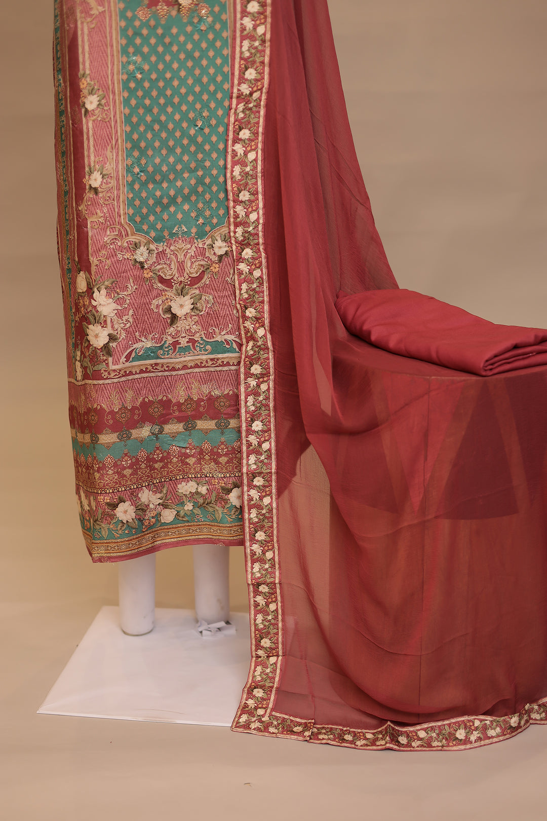 Digital Print, Silk Unstitched Suit with Sequins, Swarovski work