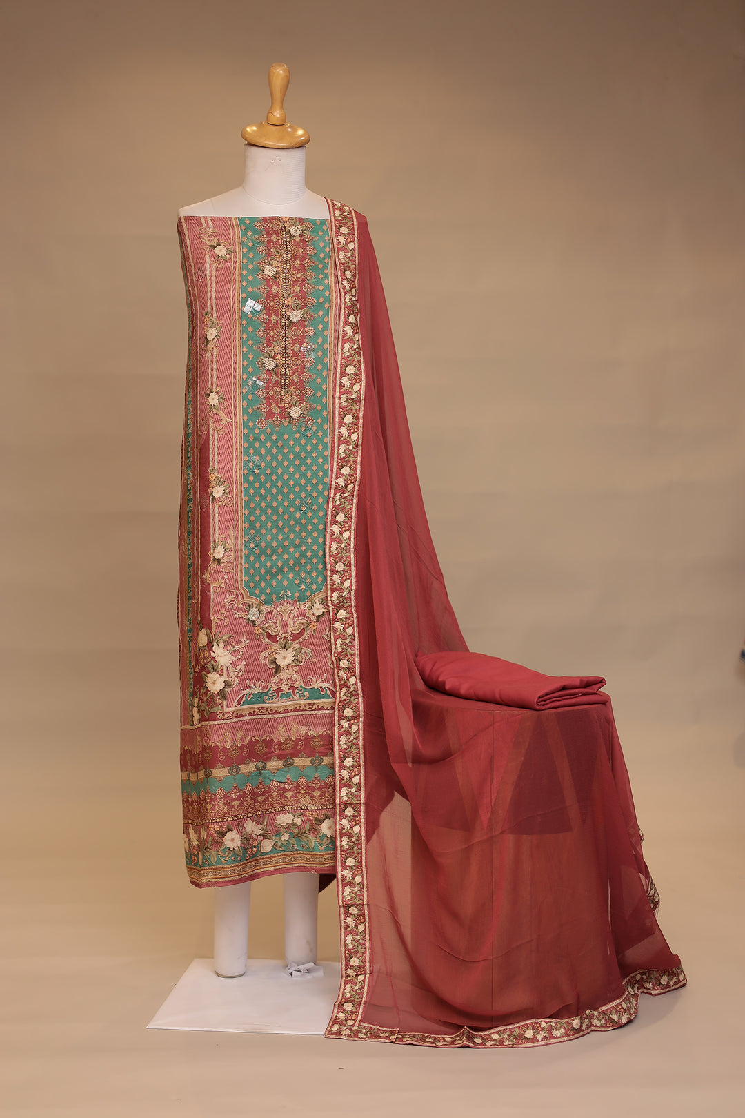 Digital Print, Silk Unstitched Suit with Sequins, Swarovski work