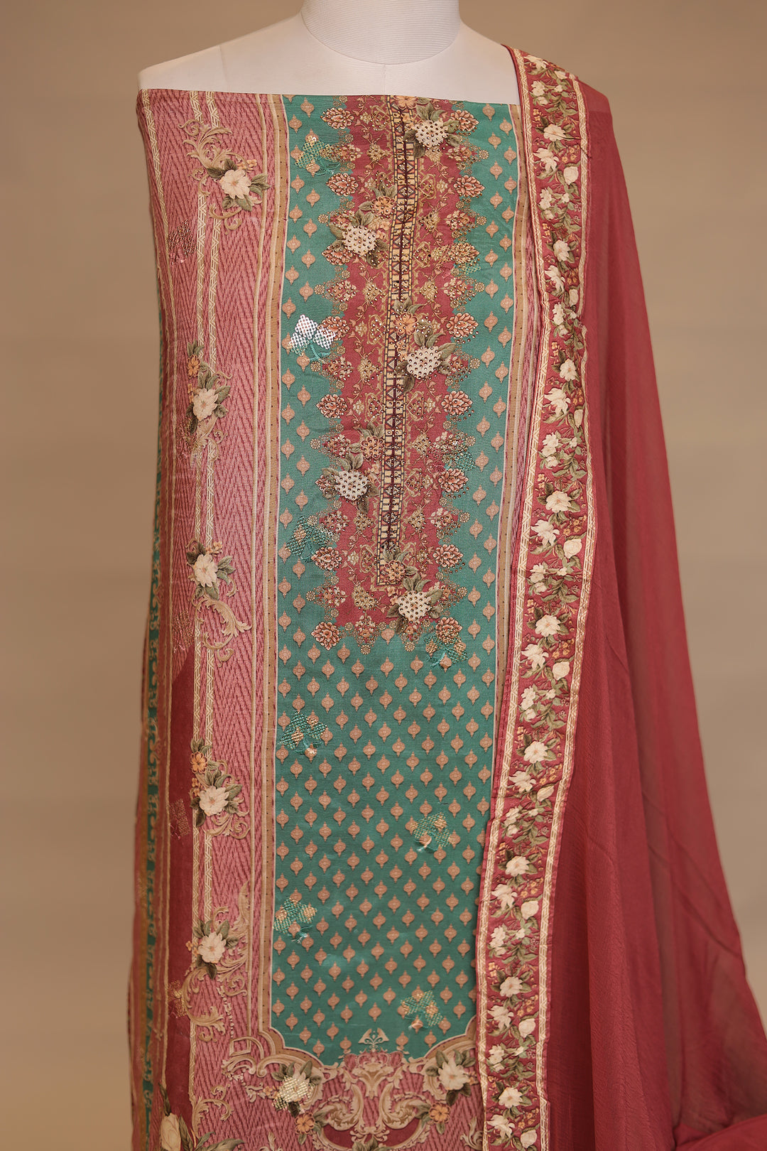 Digital Print, Silk Unstitched Suit with Sequins, Swarovski work