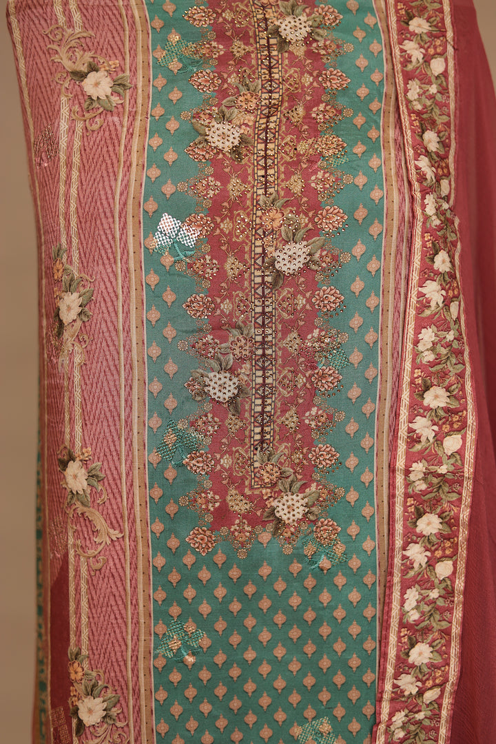 Digital Print, Silk Unstitched Suit with Sequins, Swarovski work