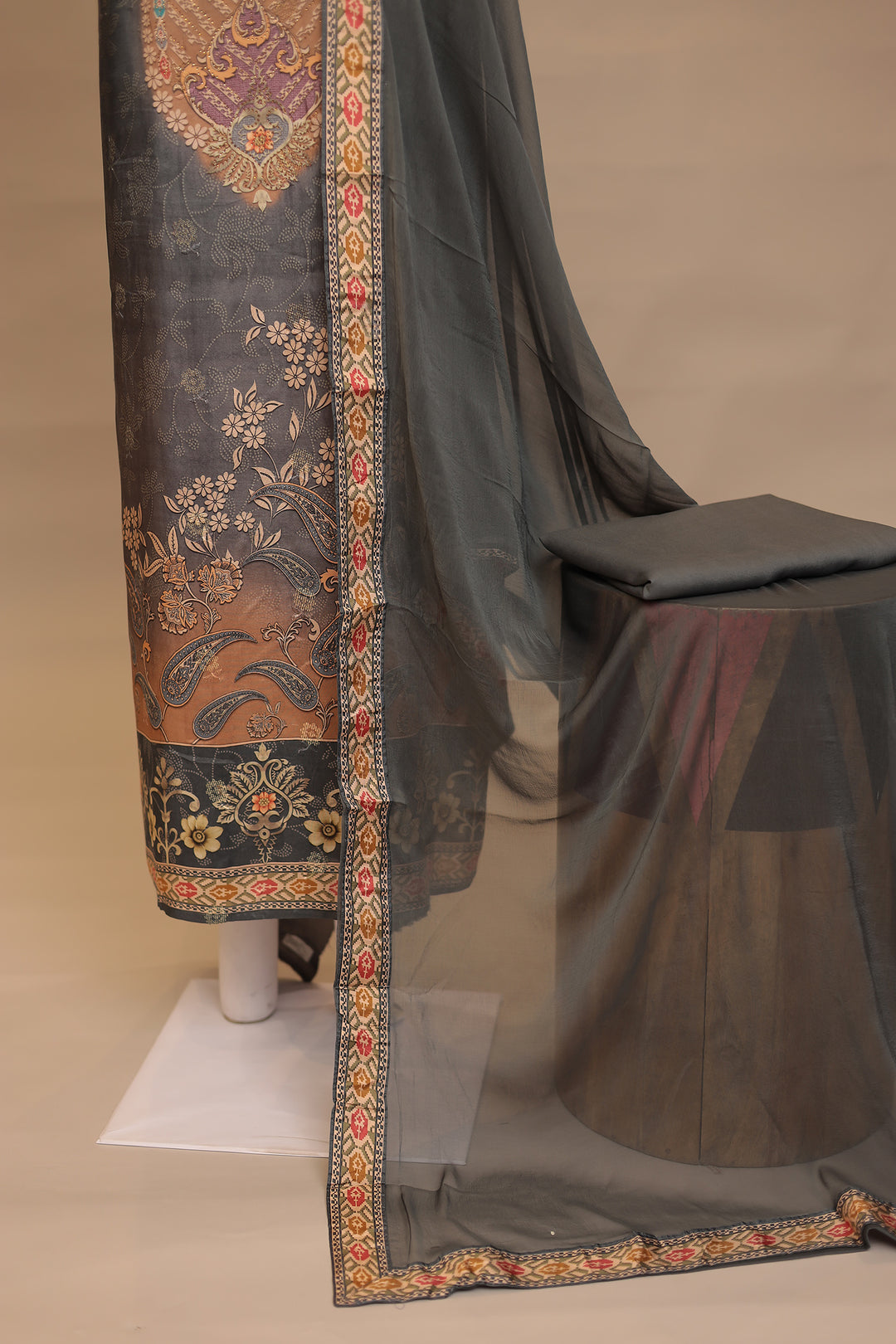 Digital Print, Silk blend Unstitched Suit with Swarovski work.