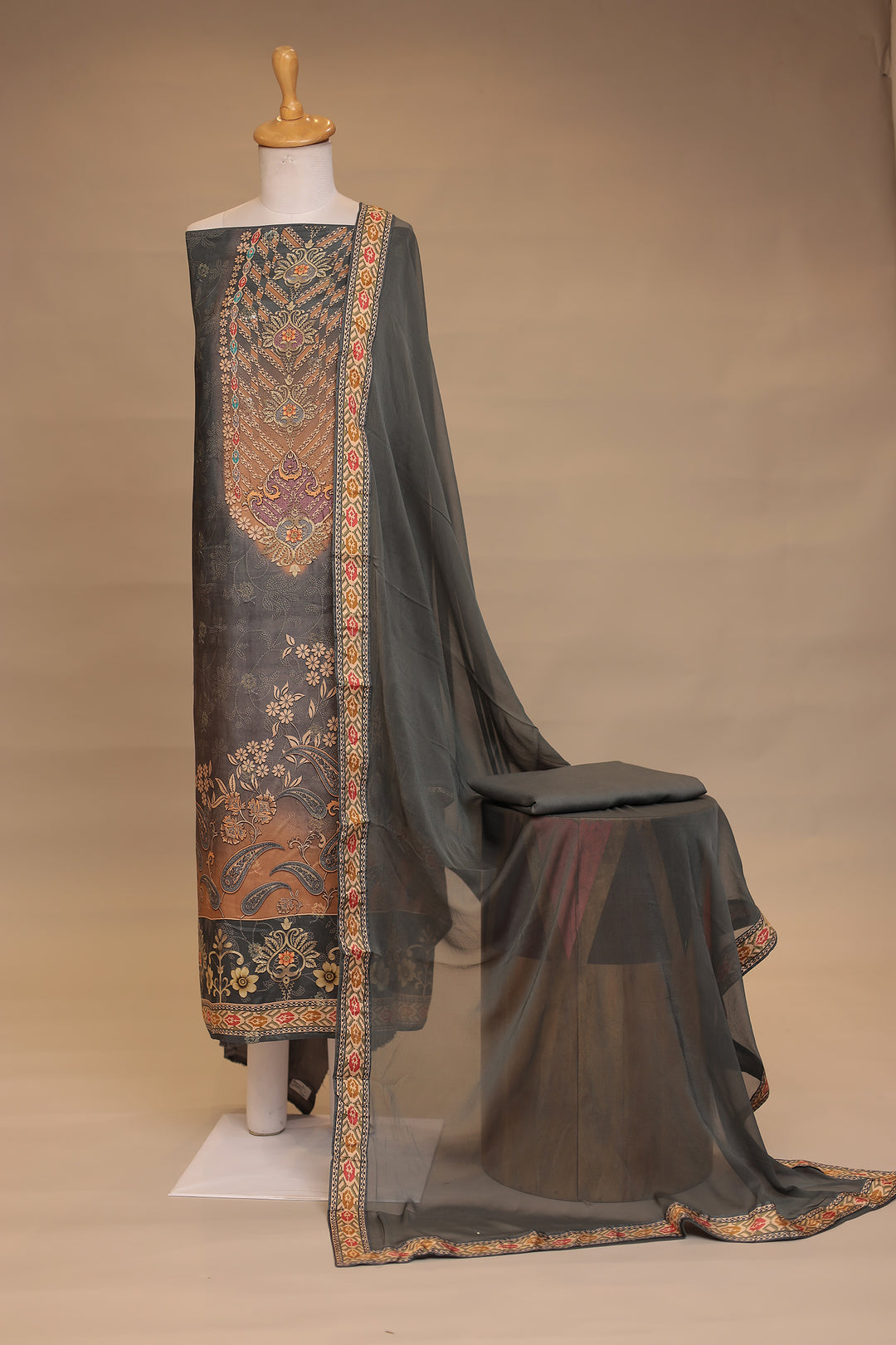 Digital Print, Silk blend Unstitched Suit with Swarovski work.
