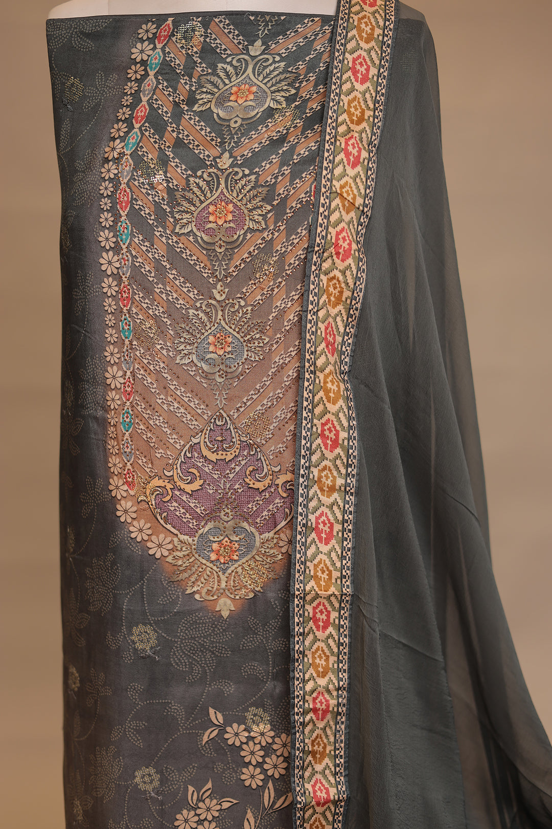 Digital Print, Silk blend Unstitched Suit with Swarovski work.