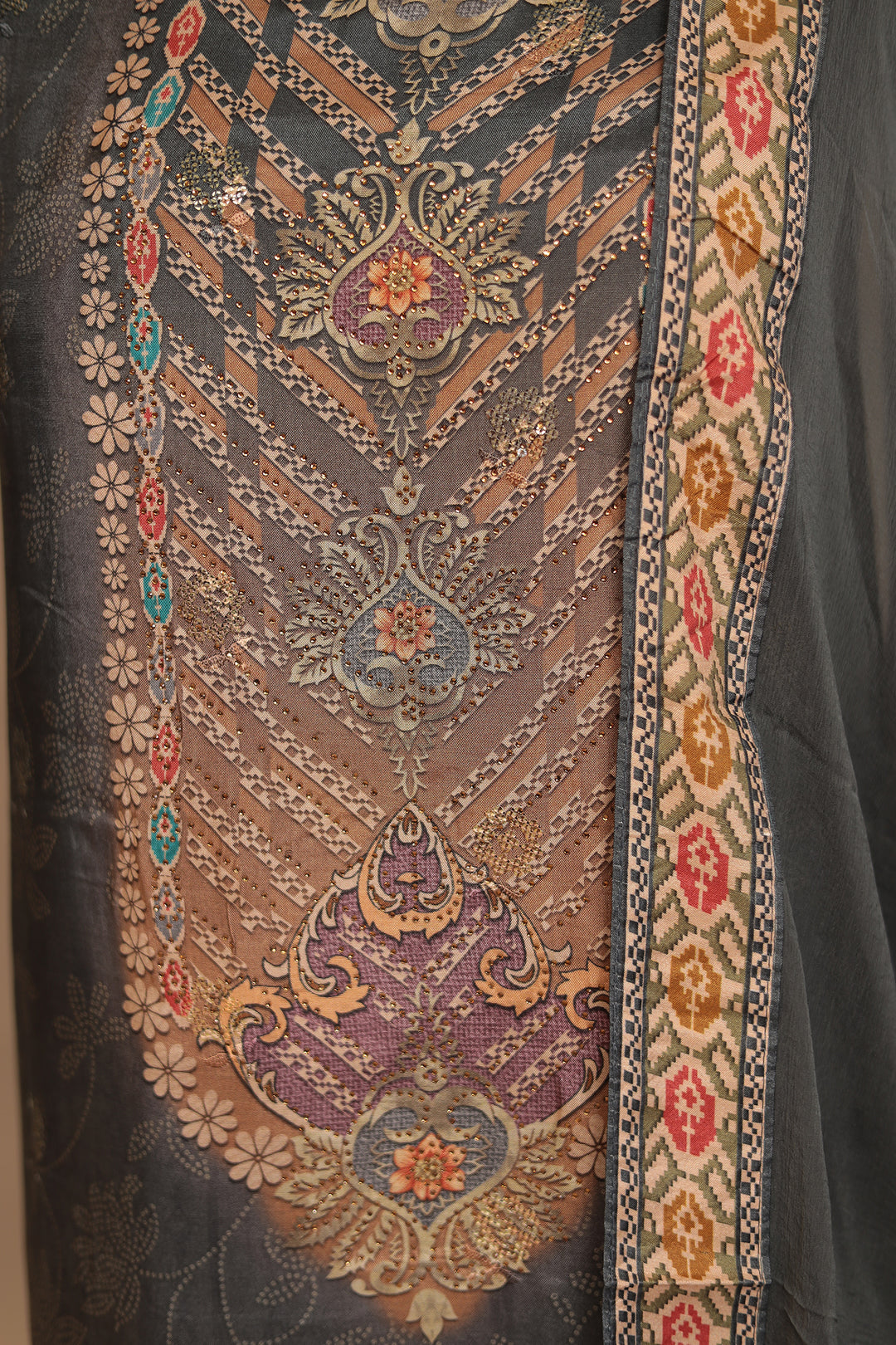 Digital Print, Silk blend Unstitched Suit with Swarovski work.