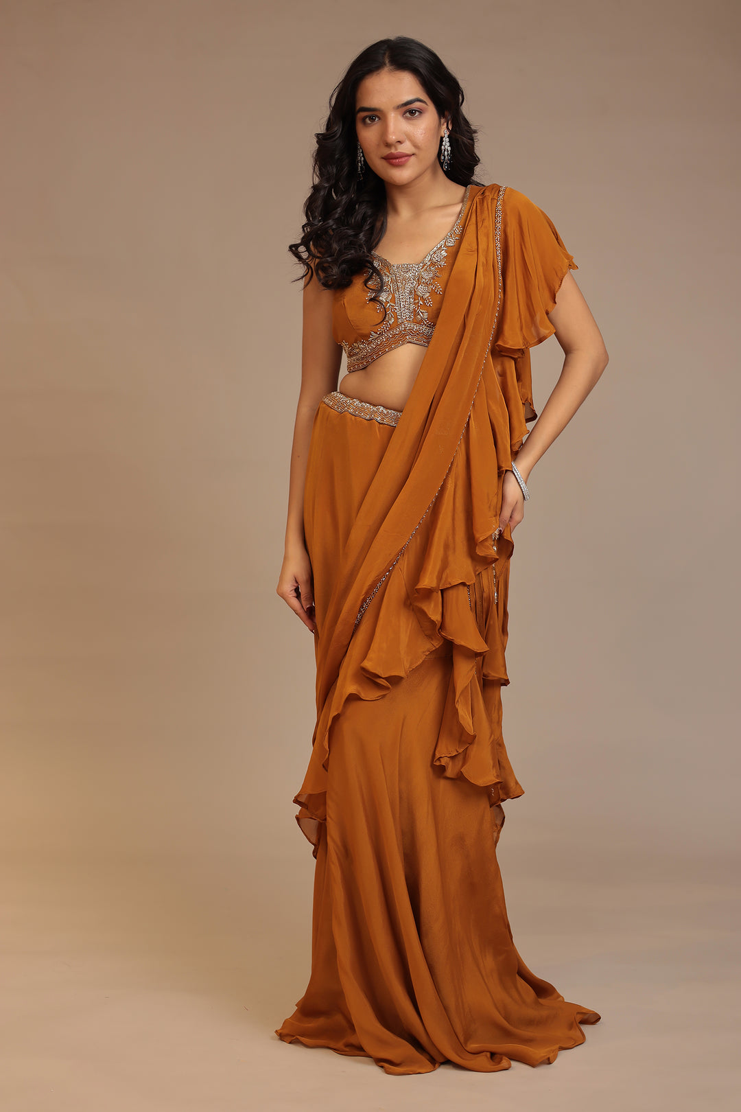Chinon Saree with Cutdana, Pearl, Zardozi work