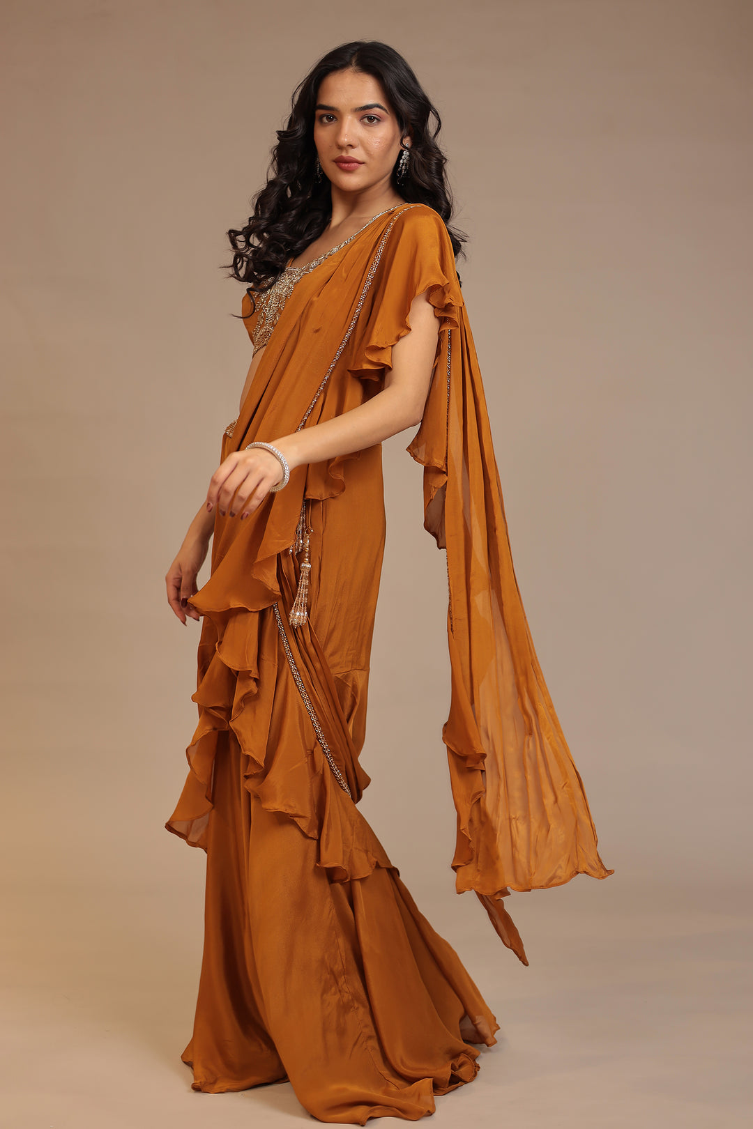Chinon Saree with Cutdana, Pearl, Zardozi work