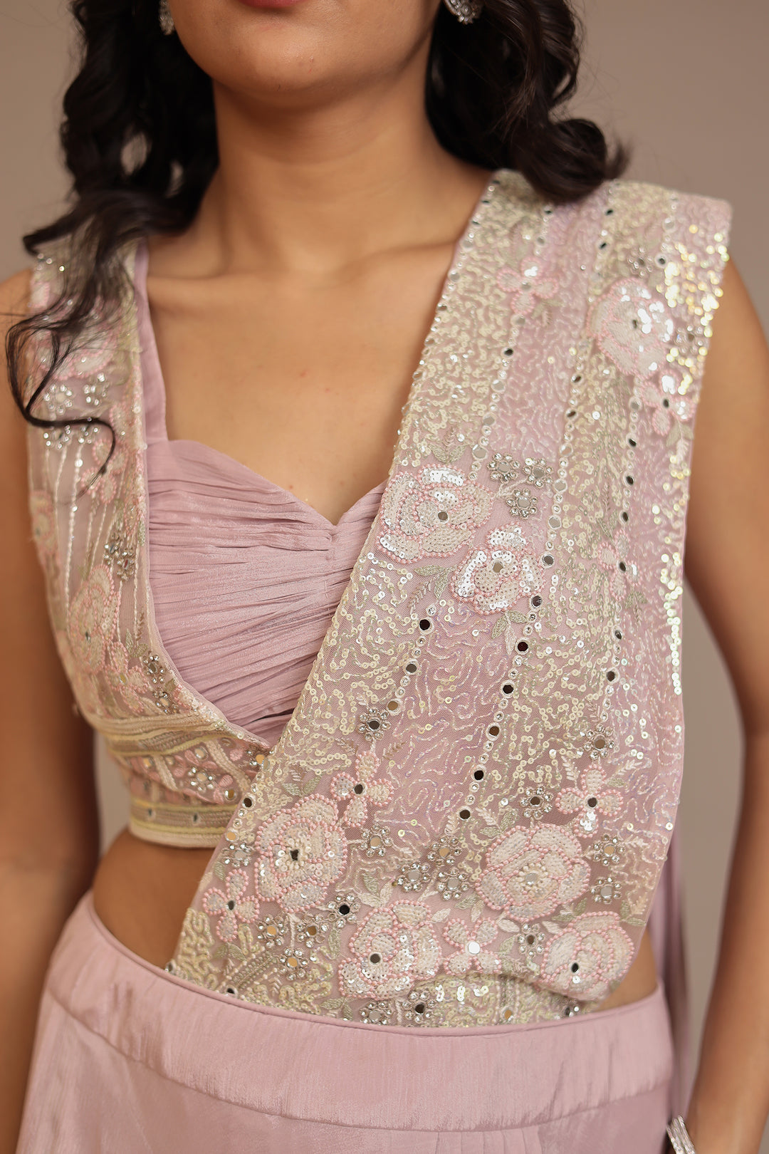 Chinon Saree with Mirror, Sequins, Stone, Thread work