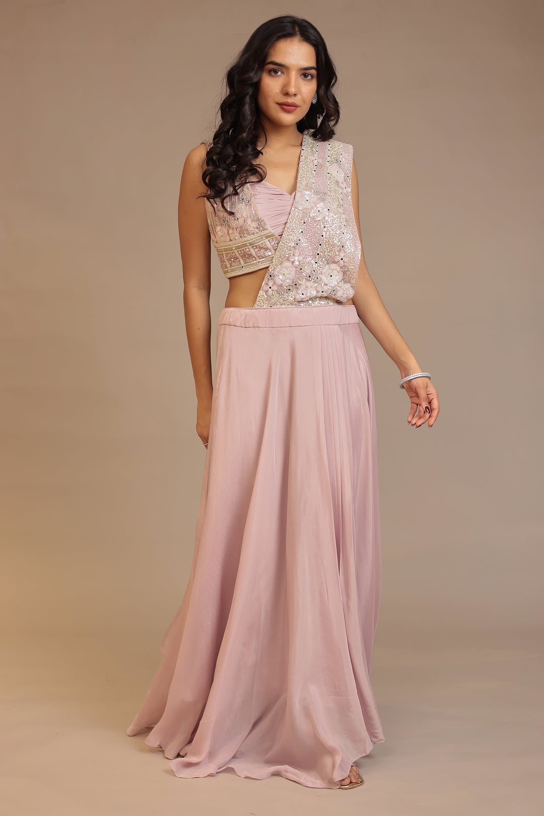 Purple Saree With Mirror Work