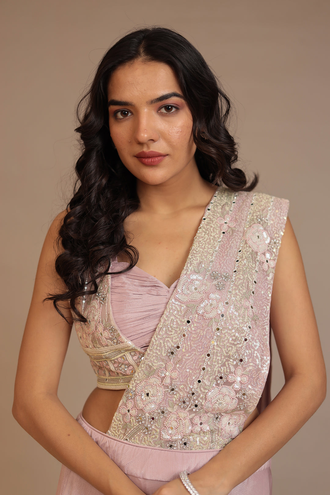 Chinon Saree with Mirror, Sequins, Stone, Thread work