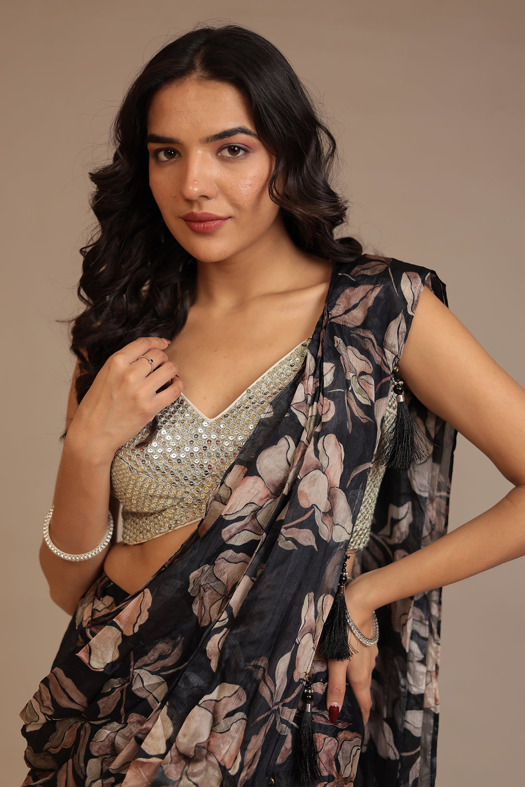 Printed Georgette Saree with Aari, Sequins work