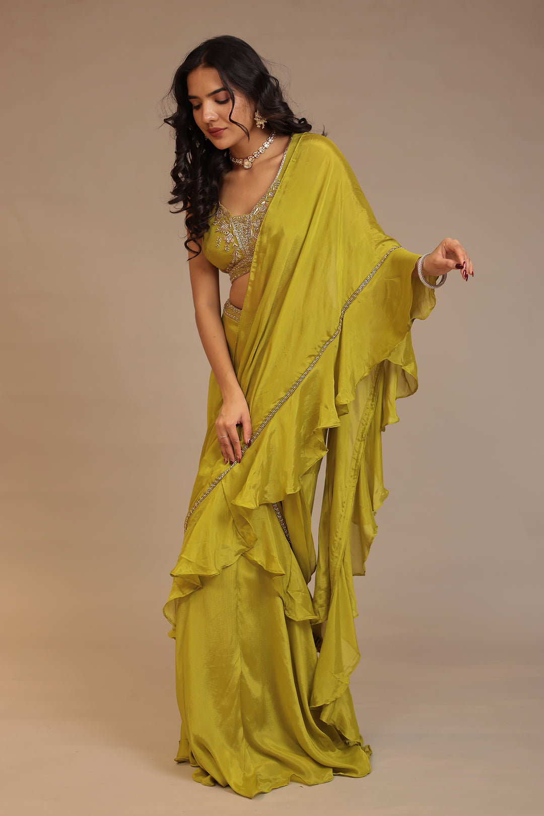 Chinon Saree With Pearl Work 
