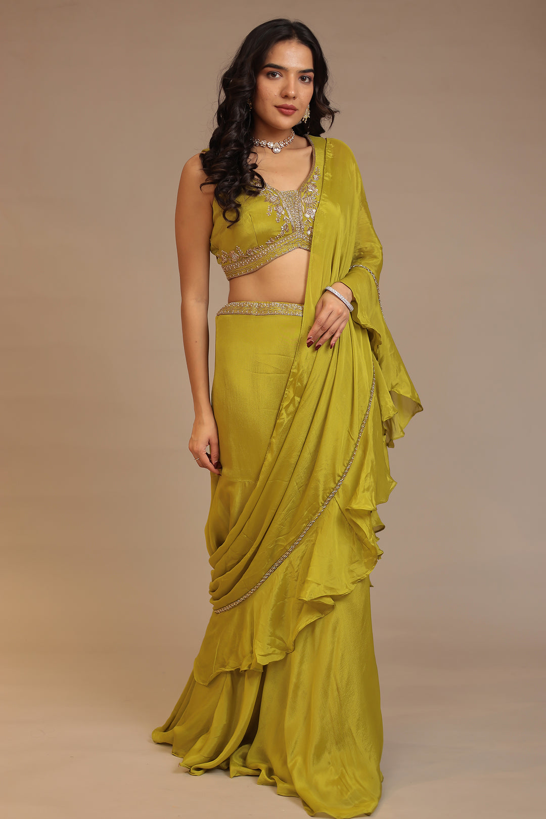 Light Green Saree With Pearl Work