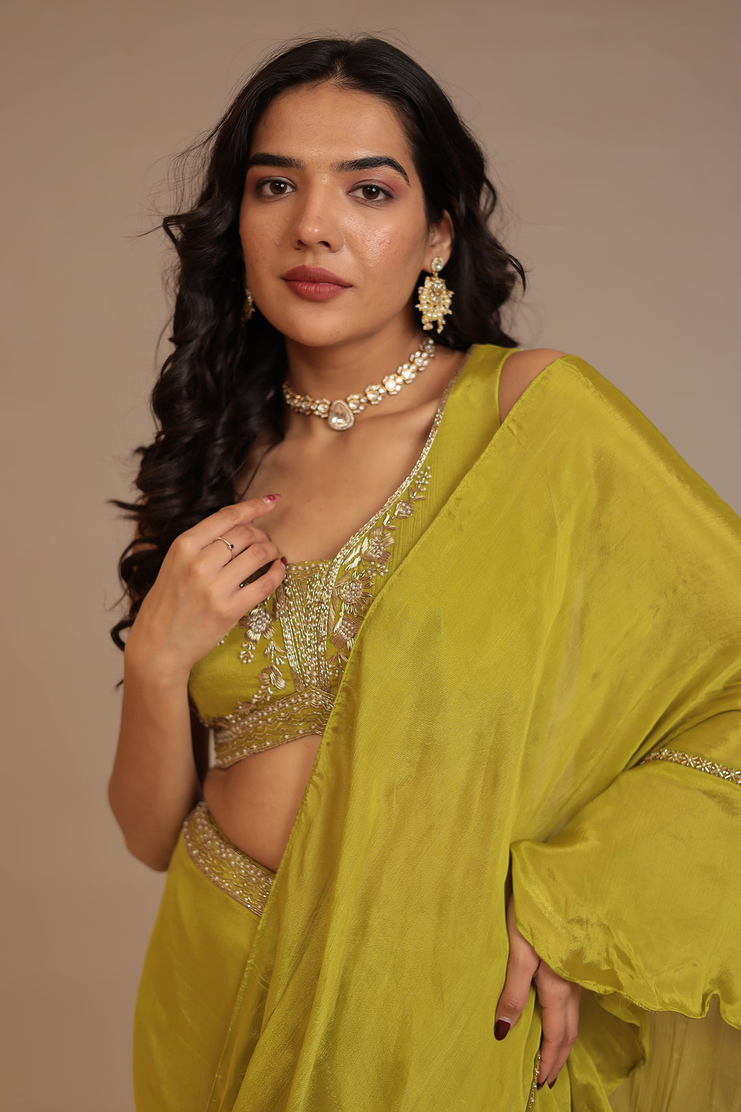 Chinon Saree with Pearl, Zardozi work