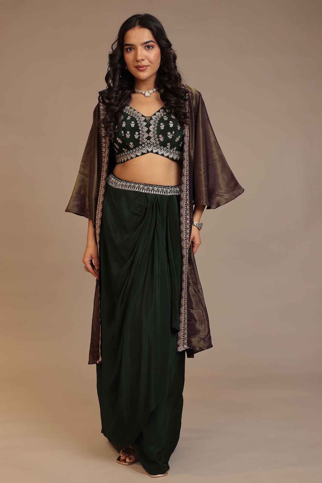 Silk Indowestern with Aari, Sequins, Zari work.