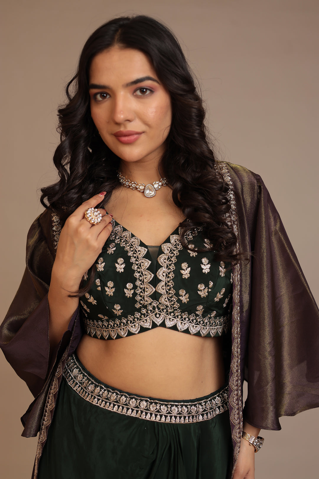 Silk Indowestern with Aari, Sequins, Zari work.