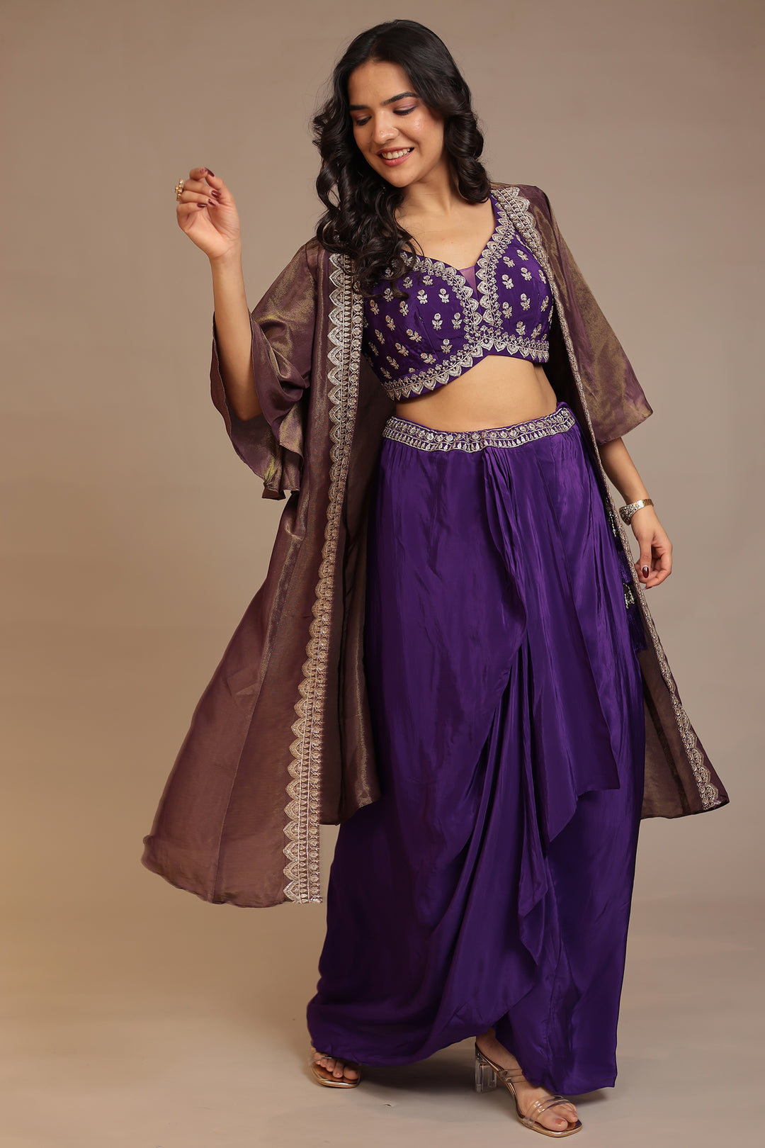 Silk Indowestern with Aari, Sequins, Zari work.