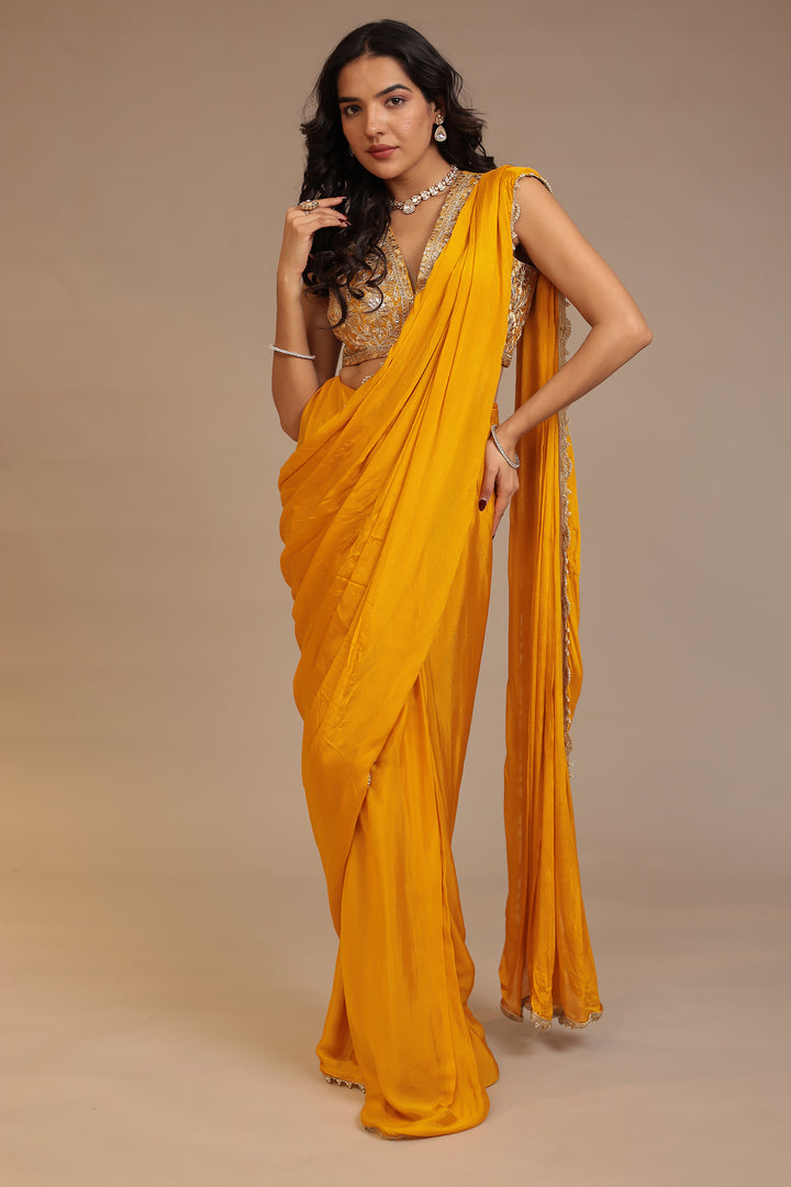 Chinon Saree with Aari, Dori, Gota Patti, Stone work