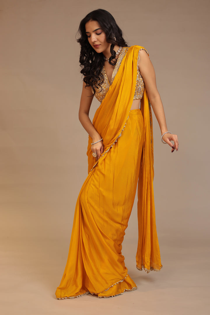 Chinon Saree with Aari, Dori, Gota Patti, Stone work