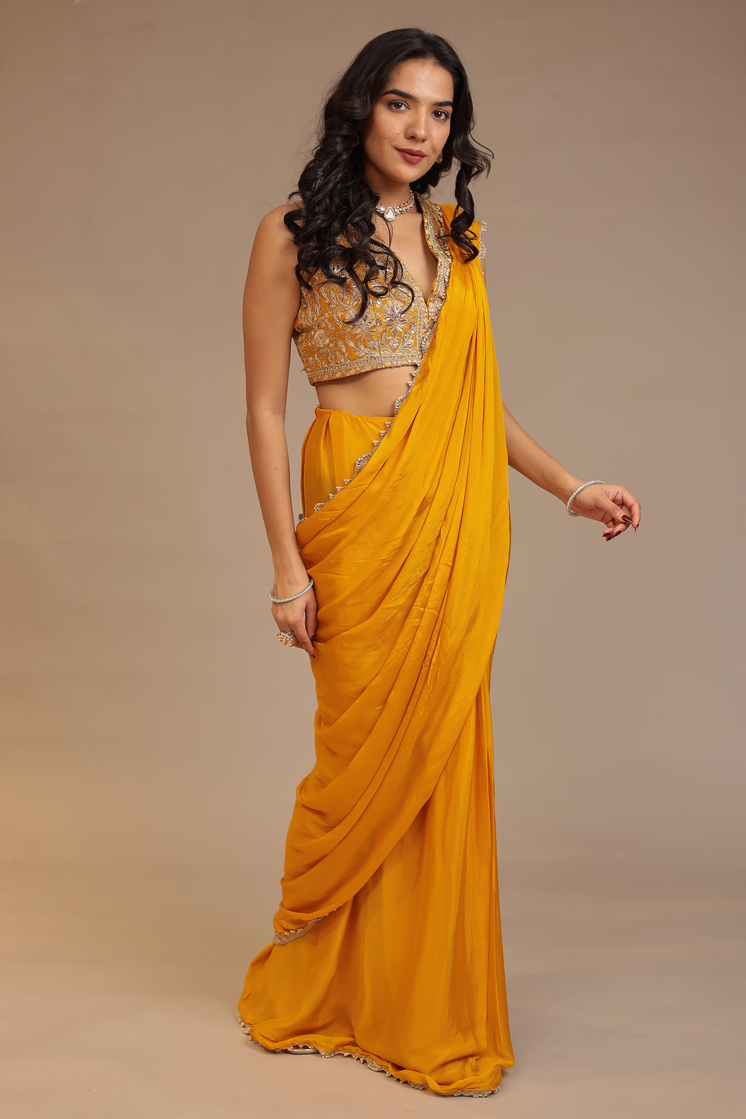 Chinon Saree with Aari, Dori, Gota Patti, Stone work