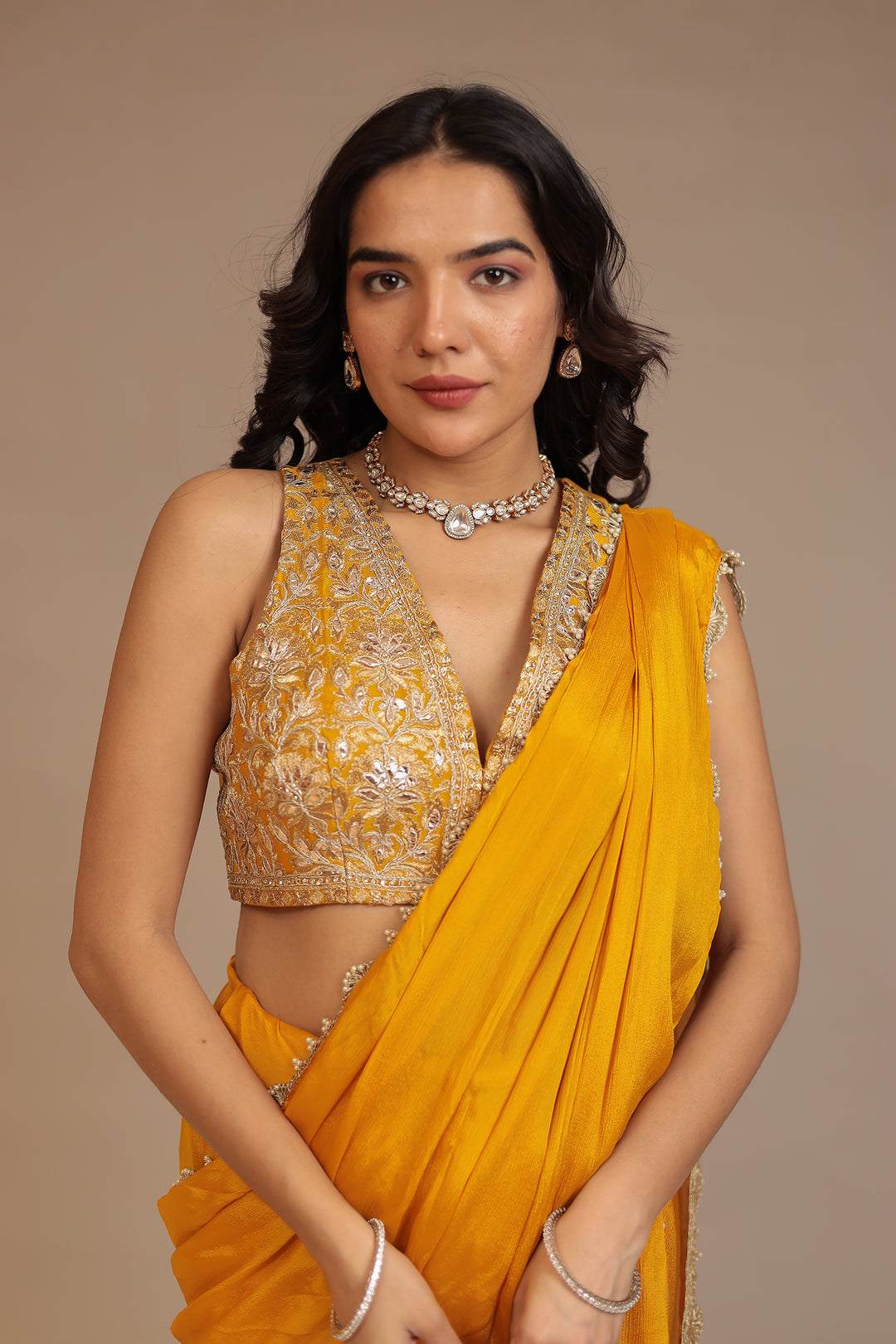 Chinon Saree with Aari, Dori, Gota Patti, Stone work