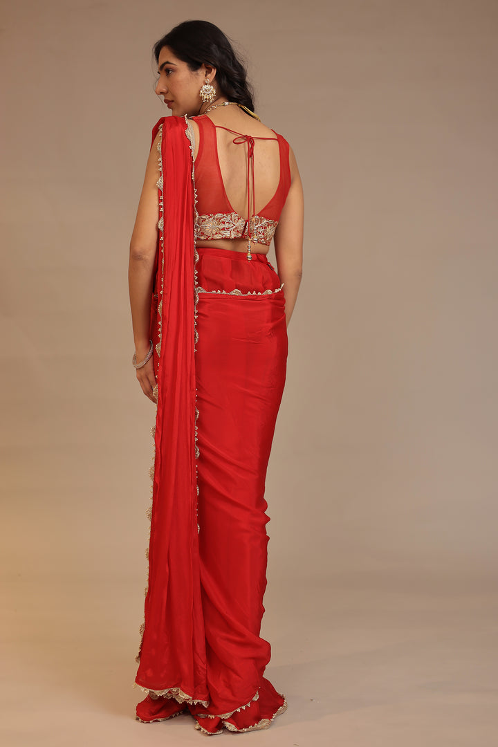 stylish red chinon saree