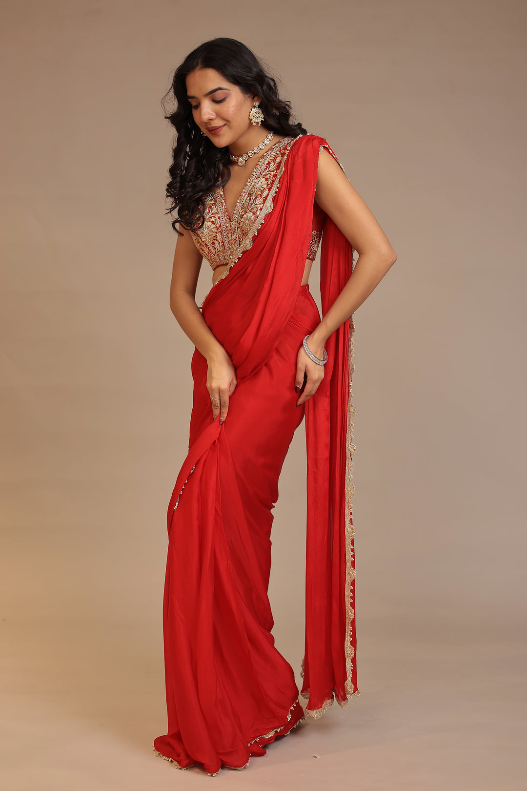 Red Saree With Stone Work