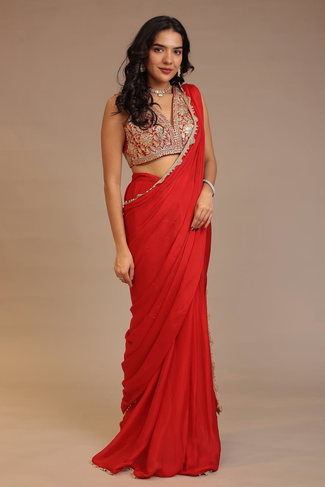 Red Chinon Saree 