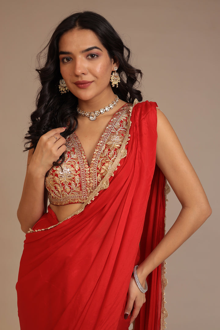 Chinon Saree with Aari, Dori, Gota Patti, Stone work