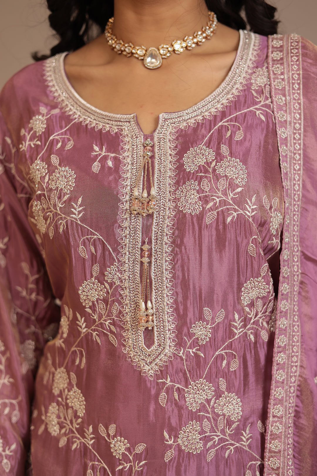 Tissue Suit with Cutdana, Sequins, Thread work