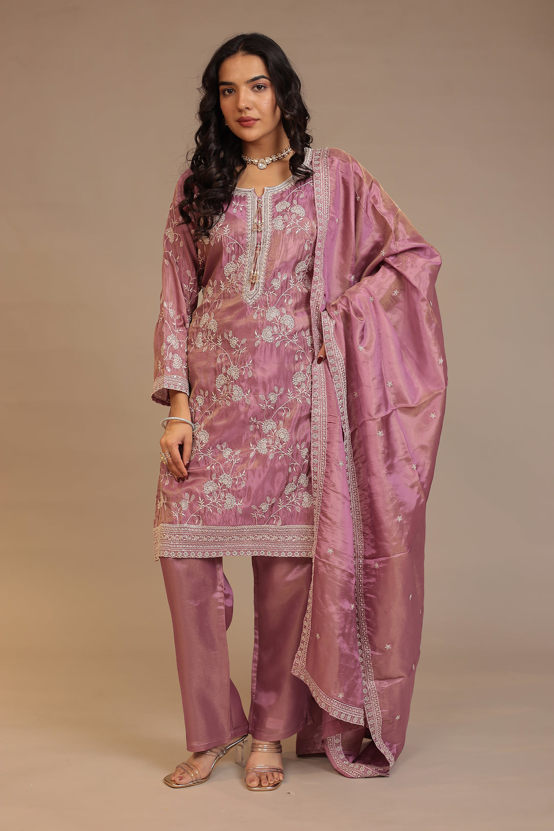 Tissue Suit with Cutdana, Sequins, Thread work