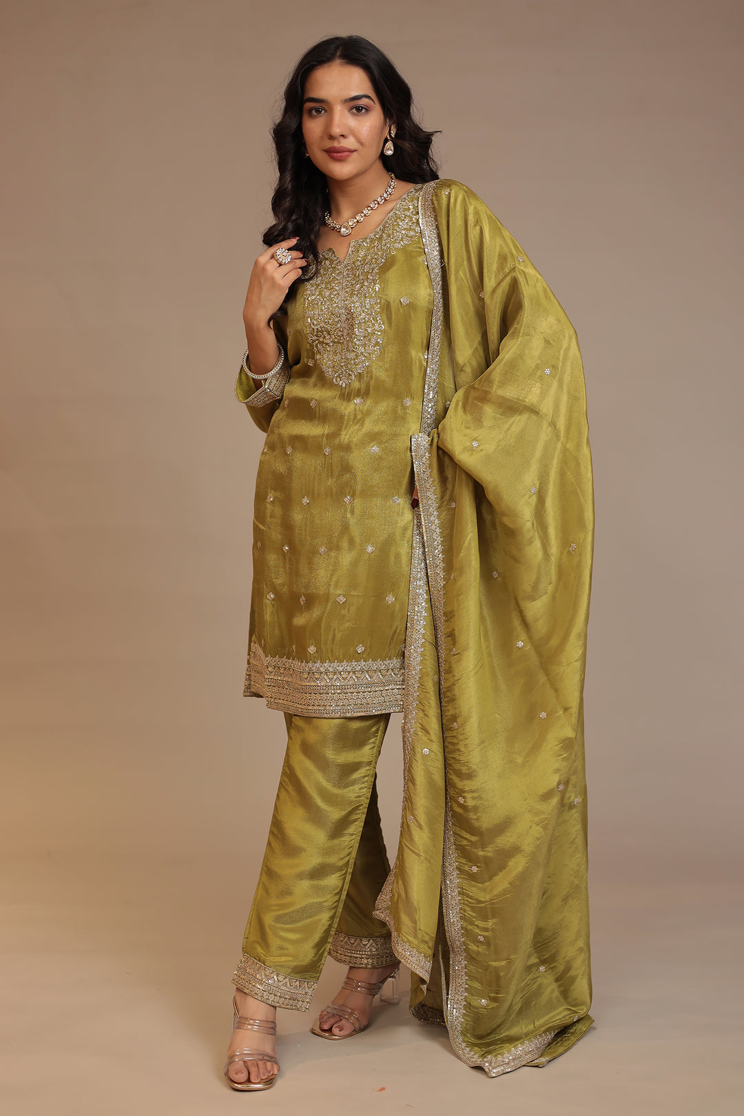 Tissue shimmer silk Suit with Aari, Sequins work