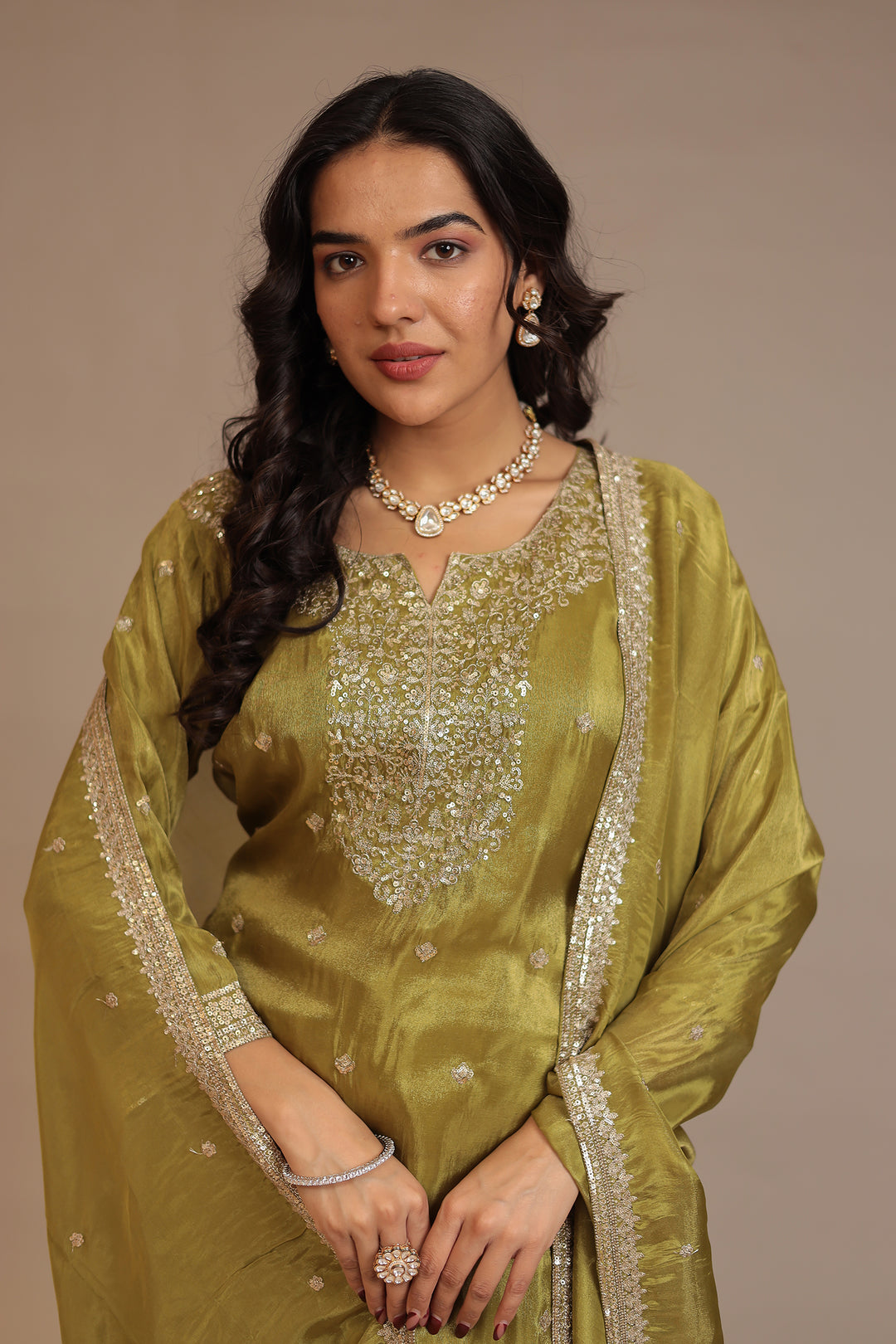 Tissue shimmer silk Suit with Aari, Sequins work