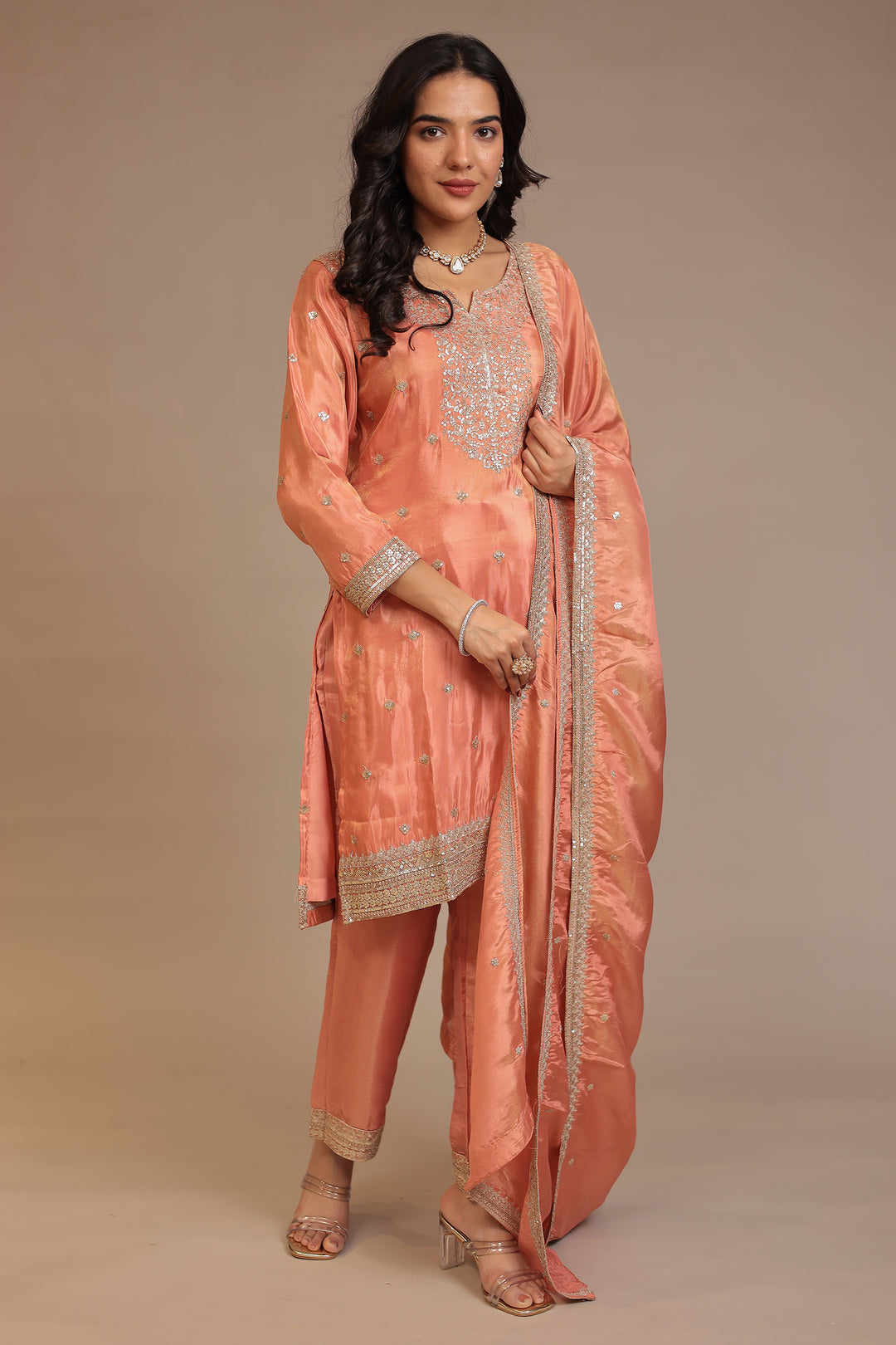 Tissue shimmer silk Suit with Sequins work