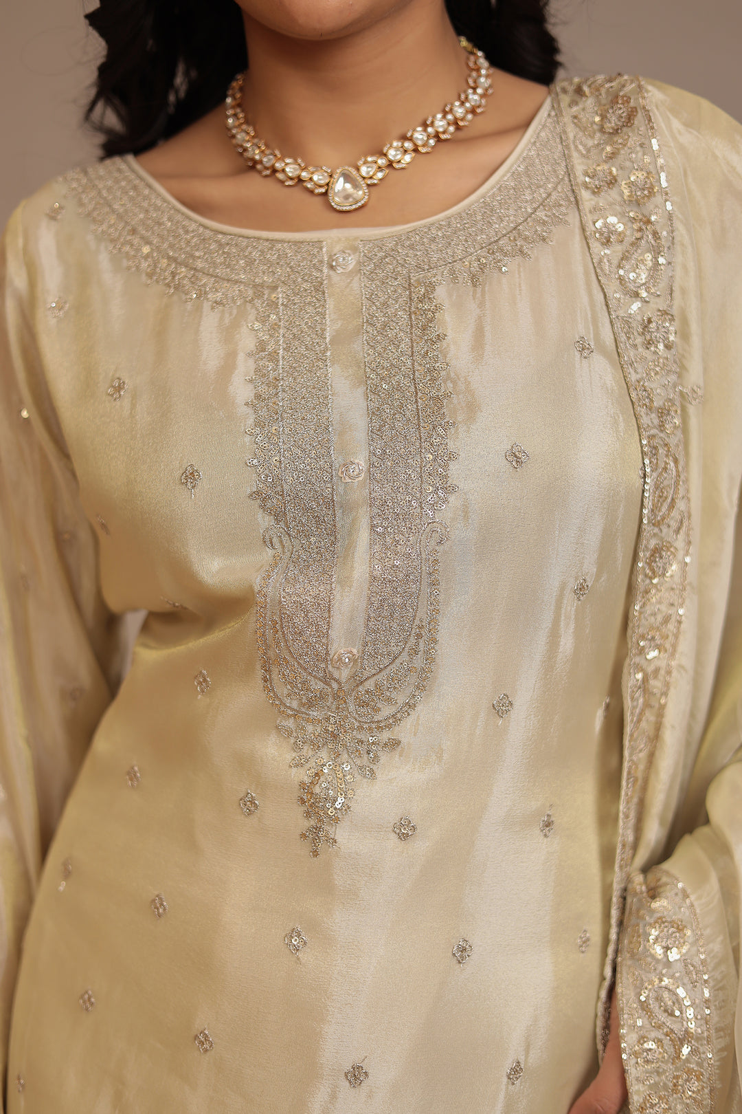 Tissue shimmer silk Suit  with Aari, Sequins, Zardozi work