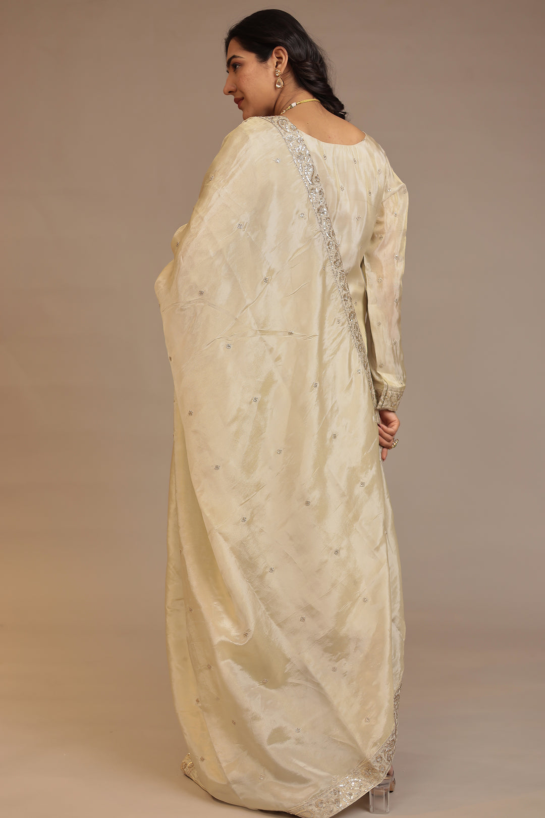 Tissue shimmer silk Suit  with Aari, Sequins, Zardozi work