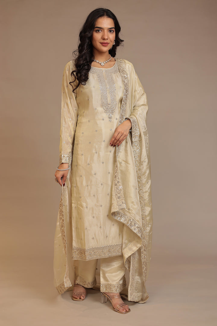Tissue shimmer silk Suit  with Aari, Sequins, Zardozi work