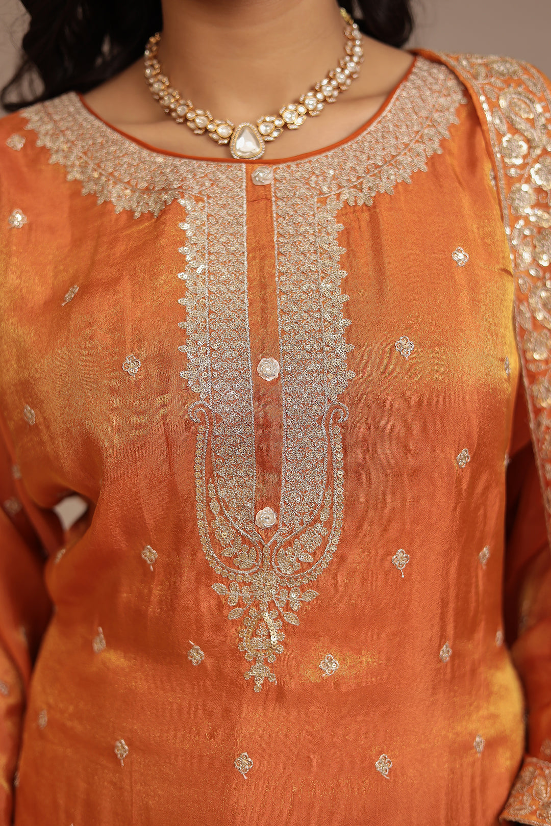 Tissue shimmer silk Suit  with Aari, Sequins, Zardozi work