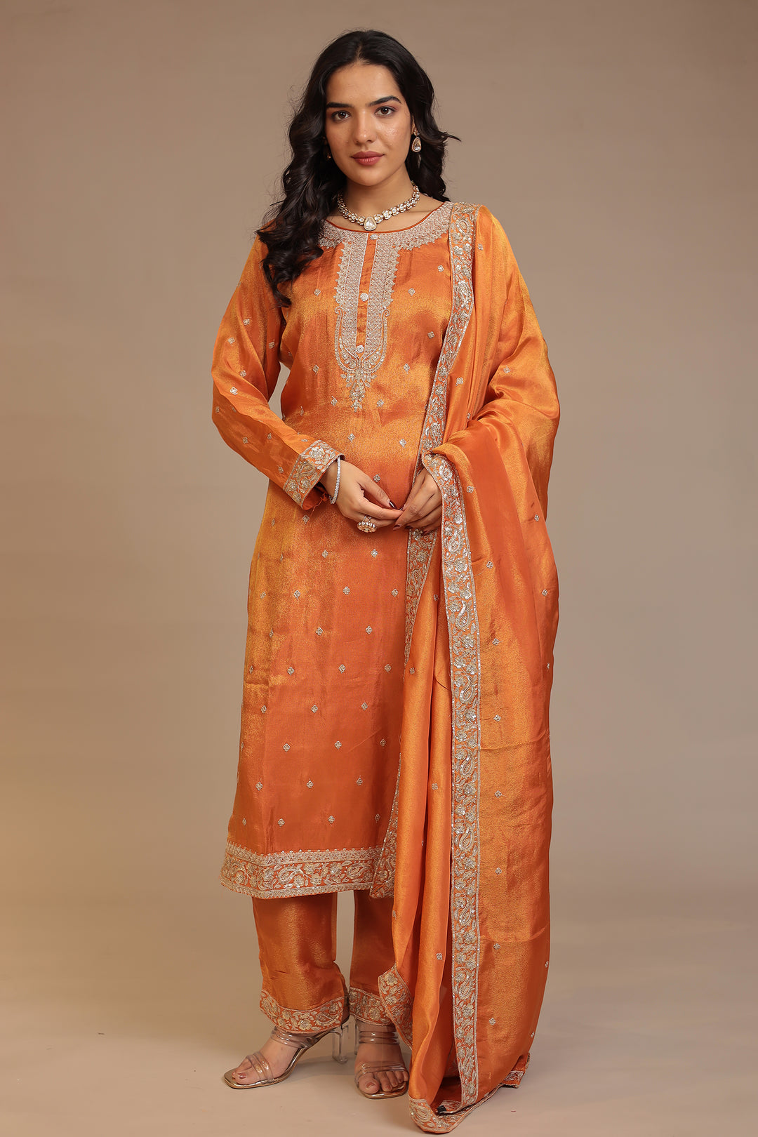 Tissue shimmer silk Suit  with Aari, Sequins, Zardozi work