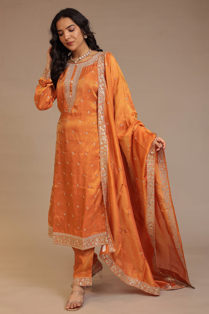 Tissue shimmer silk Suit  with Aari, Sequins, Zardozi work