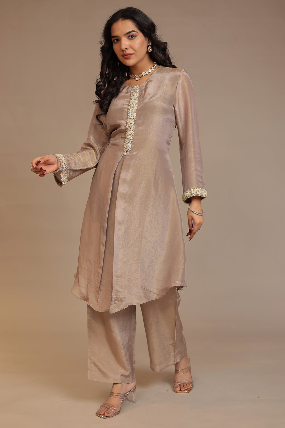 Tissue shimmer silk Suit with Pearl, Stone work