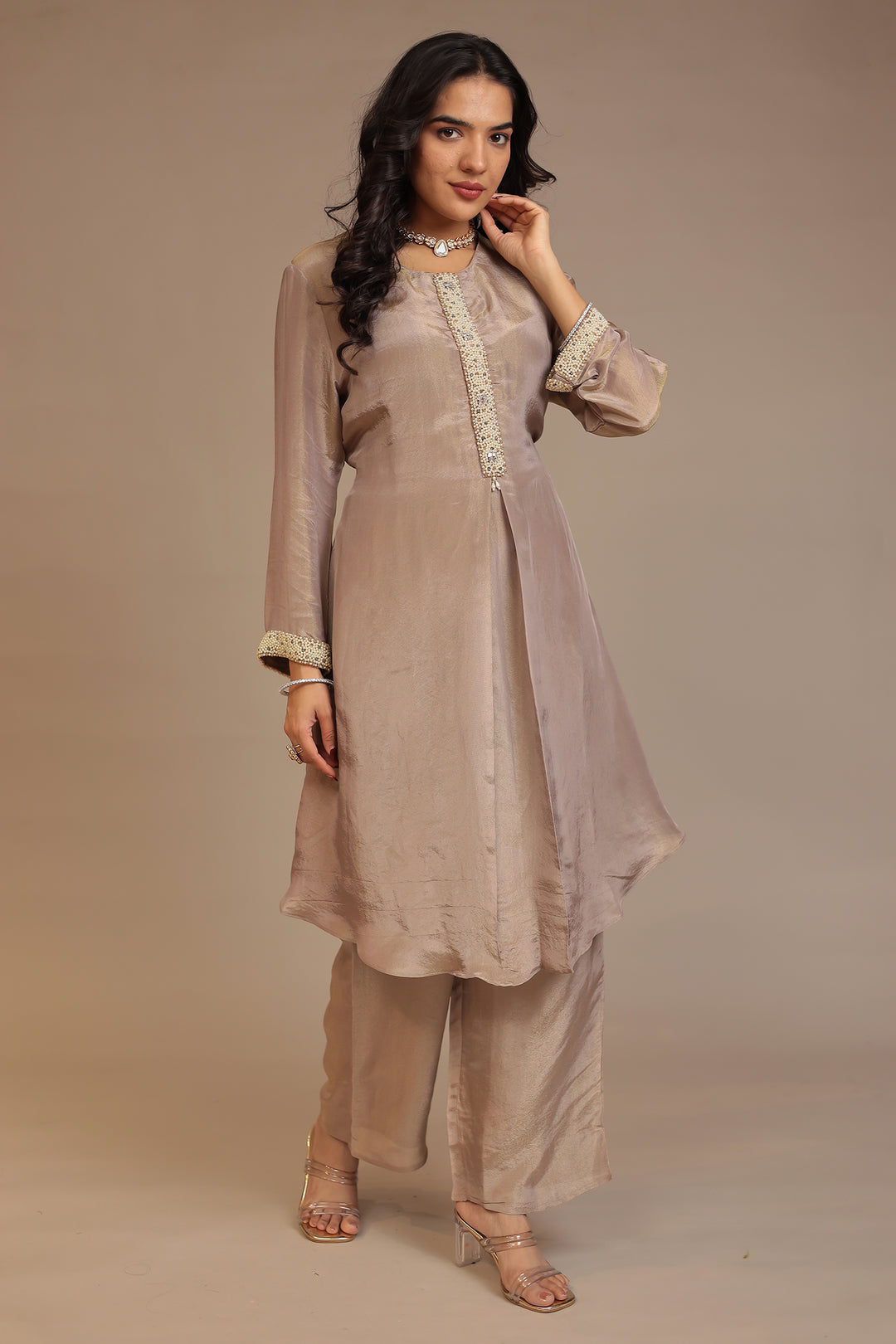 Tissue shimmer silk Suit with Pearl, Stone work